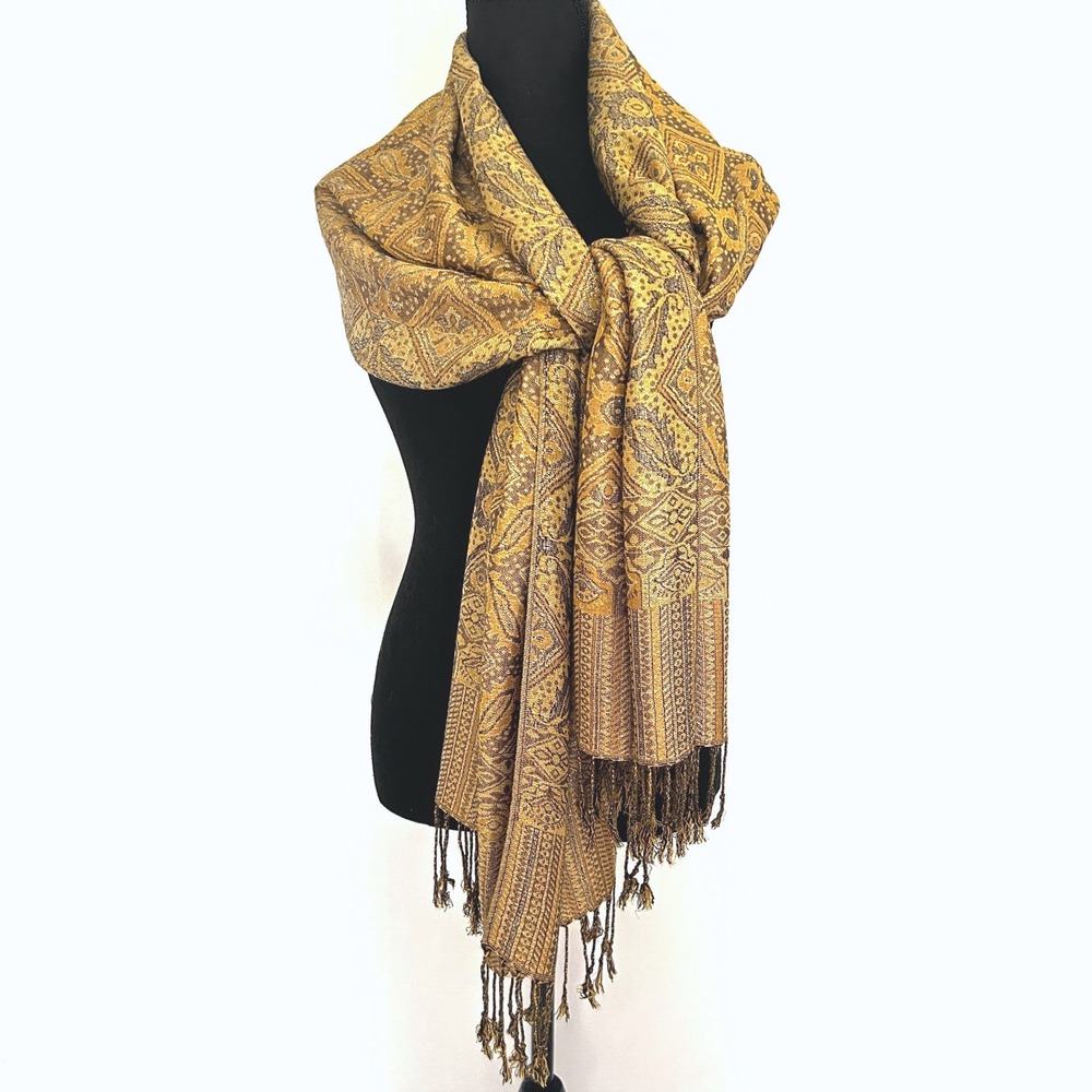 Cashmere Silk Pashmina‎ Shawl Gold Brown Paisley Metallic Jacquard Fringe Scarf